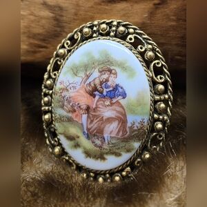 Fragonard Victorian Style Brooch Gold Tone w/ Intricate Filigree Frame 2" X 1.5"
